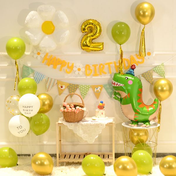 Autres fournitures de fête d'événement INS garçon dinosaure anniversaire ballon ensemble feuilles décors fille marguerite guirlande Vintage vert Golobs Kit 230821