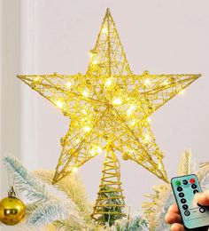 Autres fournitures de fête d'événement Fournitures de poudre de paillettes de fer Ornements d'arbre de Noël Top Stars avec décorations de lampe à lumière LED pour les arbres de Noël à la maison 231202
