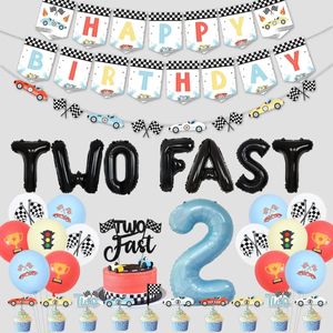 Andere evenementenfeestartikelen JOYMEMO Twee snelle 2e verjaardagsdecoraties Retro raceauto-thema feestartikelen voor jongens Verjaardagsbanner Taarttopper Ballonnenset 231017