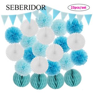 Autres fournitures de fête d'événement Enfants Boy Bautizo Party Favor Bleu Blanc Ensemble Pliant Papier Fan Bannière Fille 1er Anniversaire Décor De Mariage Pompom Ball Honeycomb 230926