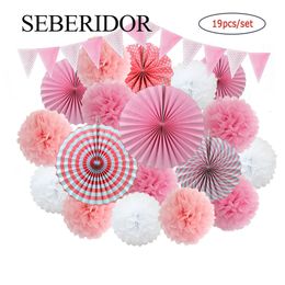 Autre événement fête fournitures enfants fille Comunion faveur rose ensemble suspendu taille mixte papier ventilateur tissu pompon pour garçon baptême mariage anniversaire décor 230510