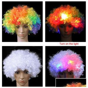 Andere evenementenfeestje LED LED LICHT Hoofddeksel Flash Explosie Hoofd Wig Prom Clown Fans Carnival Cap Hat Fan ADT Child Curly Hair P DHWCS