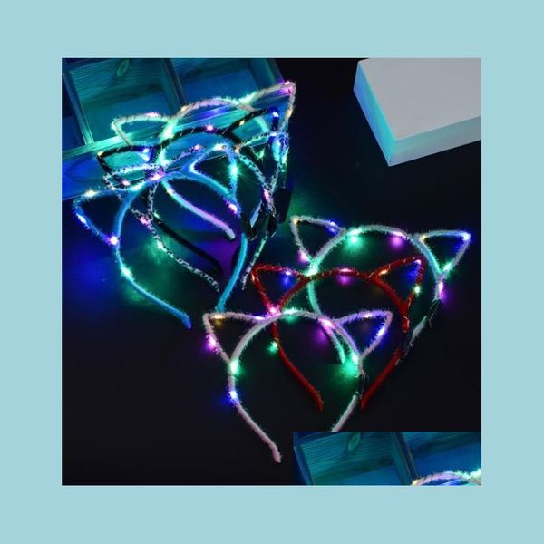 Otros suministros para fiestas de eventos Led Light Up Diadema con orejas de gato Brillante Mujer Chica Banda para el cabello intermitente Fanático del fútbol Concet Fans Cheer Prop Dhqz1