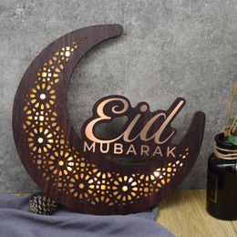 Autres fournitures de fête d'événement LED lumières EID Mubarak pendentif en bois Ramadan décoration lune étoile suspendus ornement pour mur islamique musulman fête décor 230425