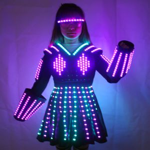 Ander evenement Feestartikelen LED-robotpak Kostuum Laserhandschoen Canvas Mode Gloeiende trouwjurk Kleding Lichtgevend Hoofddeksels Korte rok Pak 230712
