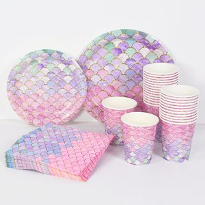 Autres fournitures de fête d'événement Petite sirène jetable vaisselle ensemble assiette en papier tasse pour fille enfants décoration d'anniversaire sous la mer 230822