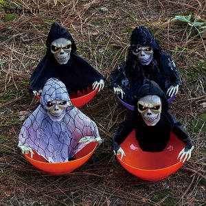 Andere evenementenfeestjes Lofytain Halloween Decoratie Elektrische snoep kom Ghostplaat Geluid licht gloeiende skelet voedselhouder Skull Toy Horror Prop 230811