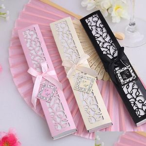 Andere evenementenfeestjes Luxe Silk Fold Hand Fan in Elegant Lasercut Gift Box AddParty Gunsten bruiloft Baby shower cadeaus fas dhikl