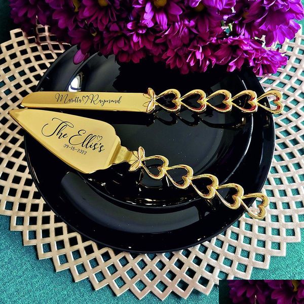 Otros suministros para la fiesta de eventos Servidor de cuchillo de boda de lujo Conjunto personalizado de pastel personalizado Cutter Gold Gold Cutter Eleg Homefavor Dhauo