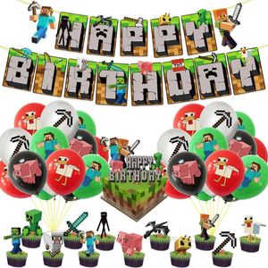 Autres fournitures de fête d'événement Miner Crafting Birthday Party Decor Balloon Video World Pixel Game Banner Ballons Cake Topper Cartoon Game Theme Party Decor 231005