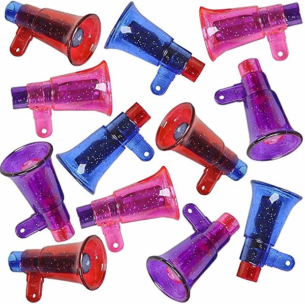 Autres fournitures de fête d'événement Mini Glitter Megaphone Sifflets Ensemble de 12 matières plastiques de haute qualité Fun Noisemaker Jouets Mignon Anniversaire Faveurs 230919