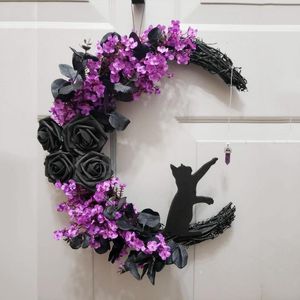 Autres événements Fourniture de la fête des couronnes de porte en forme de lune Décorations d'Halloween Signe de bienvenue Goth Roses Black Cats Garland Porte d'entrée Ornement Halloween Signes 230811