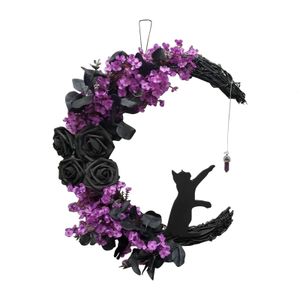 Autres fournitures de fête d'événement Couronnes de porte en forme de lune Décorations d'Halloween Signe de bienvenue Goth Roses Guirlande de chats noirs Ornement de porte d'entrée Signes d'Halloween 230821