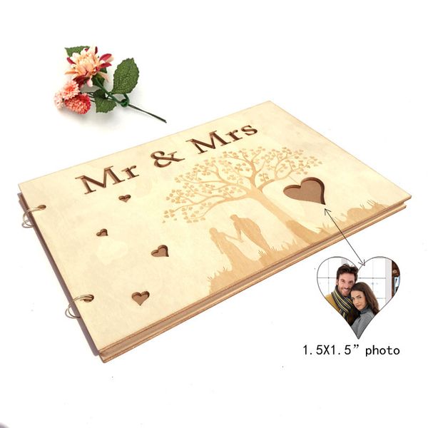 Autres fournitures de fête d'événement MR MRS Heart Tree Livre d'or de mariage en bois Mr Mrs Po Frame Wedding Guest Signin Book Wedding Autograph Book Signin Book 230615