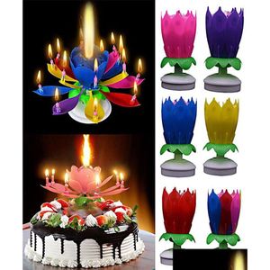 Autres fournitures de fête d'événement Fournitures de bougie d'anniversaire musicale Décoration de gâteau de décoration de bougies de fleur de lotus Blossom Rotating Spin Candle3310631 D Dhb6E