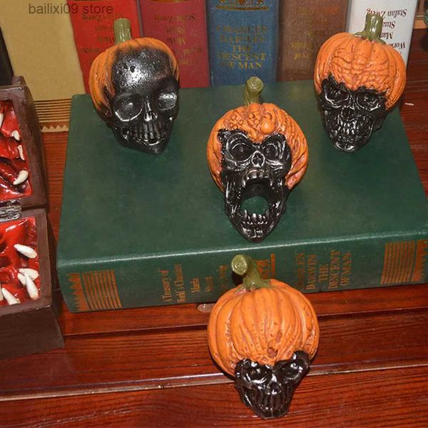 Autres fournitures de fête d'événement Nouveau modèle de tête de crâne de citrouille Statues d'Halloween Résine artificielle Crâne Os Effrayant Horreur Squelette Party Bar Home Bureau Décorations T231012