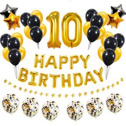 Autres fournitures de fête d'événement Numéro 10 Ballons en aluminium Ans Joyeux anniversaire Décorations Dixième 10e Garçon Fille Or Noir Dix Anniversaire 230905