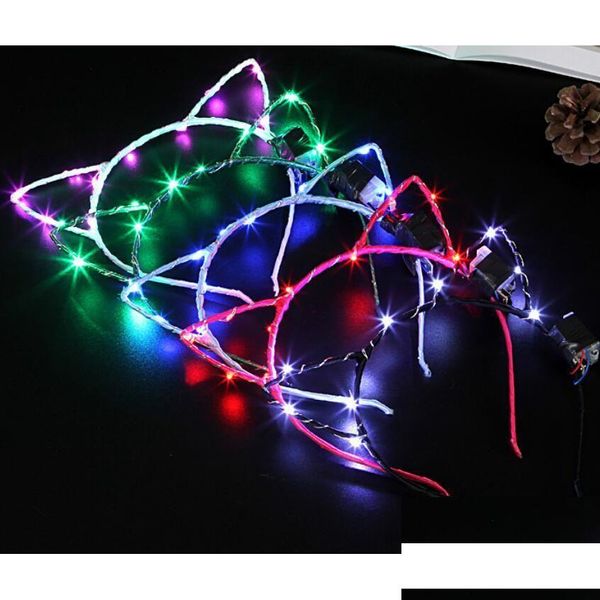 Autres fournitures de fête d'événements Autres fournitures d'événement Fournitures LED Bunny Ear Cat Oreilles Bandeaux d'éclairage clignotant en clignotage portant Noël Hai Dhjba