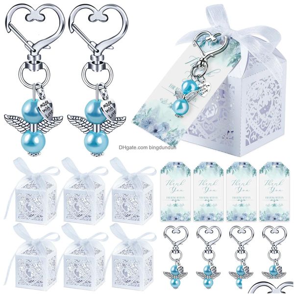 Autres fournitures de fête d'événement Ourwarm Baby Shower Mignon Ange Porte-clés Anniversaire avec boîte de faveur Carte de remerciement pour demoiselle d'honneur Sexe Révéler Dhpw7