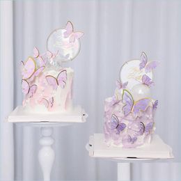 Otro Evento Suministros para fiestas Suministros para fiestas Decoración de pasteles de mariposa rosa púrpura Feliz cumpleaños Cake Topper Pintado a mano para W Dhtgl