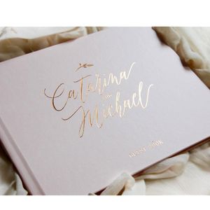 Autres fournitures de fête d'événement Livre d'or de mariage personnalisé Rose Gold Foil Engagement Keepsake Horizontal Custom Modern Rose Gold Honeymoon Po Book 230824