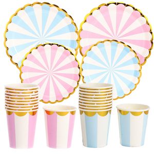 Andere evenementenfeestjes Pink Blue Stripe Dot Disposable Telare sets papieren bekers platen rietjes vork bruiloft verjaardagsdecoraties 23082222