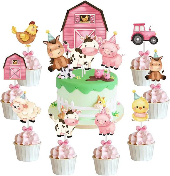 Otros suministros para fiestas de eventos Decoraciones para pasteles de cumpleaños con animales de granja rosados Adorno para cupcakes con temática de animales de granja para niñas Suministros para fiestas de cumpleaños para baby shower 231127