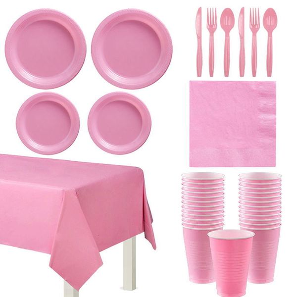 Autres fournitures de fête d'événement Rose Solide Couleur Jetable Assiette En Plastique Tasse Nappe Anniversaire Décoration De Mariage Pour 10 Personnes Adultes 230822