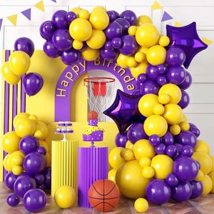 Autres fournitures de fête d'événements Ballons violets et jaunes Kit de guirlande de ballons de 113 pièces avec deux feuilles d'étoiles de 18 pouces pour le thème du sport de basket-ball 231009