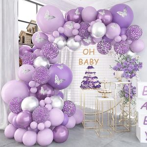 Otros suministros para fiestas de eventos Globo púrpura Guirnalda Kit de arco Globos de plata metálicos Pegatinas de mariposa Confeti para decoración de bodas de cumpleaños 230131