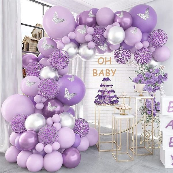 Autres événements Fournitures de fête pourpre Ballon Garland Arch Kit Metallic Purple Silver Ballons Ballons Butterfly Confetti pour le décor de fête d'anniversaire 220916