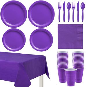 Autres fournitures de fête d'événement Violet Couleur unie Ensemble jetable en plastique Assiette Tasse Nappe Anniversaire Décoration de mariage 10 personnes Adulte 230822