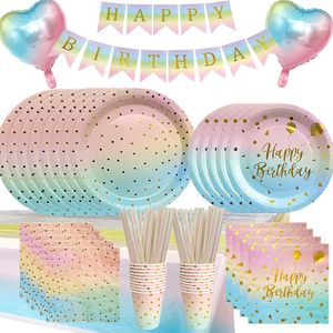 Andere evenementenfeestjes Rainbow Birthday Disposable servies Gold Dot Gradient Plates Cups Aapkins For Girls Decoration Wedding 230822