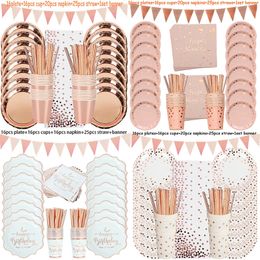 Otros suministros para fiestas de eventos Decoraciones de cumpleaños de oro rosa Juego de vajilla desechable Taza de papel Boda para adultos Niños Babyshower Chica 230504