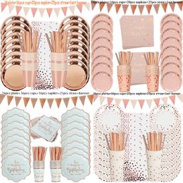 Autres fournitures de fête d'événement Rose Gold Joyeux anniversaire Impression Dot Vaisselle jetable Set Assiette en papier Tasse Décoration de fête d'anniversaire Fille Enfants Baby Shower 221020