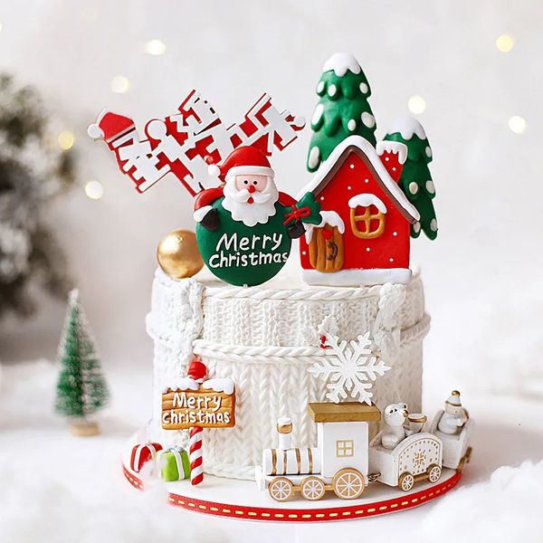 Autres fournitures de fête d'événement Coffret cadeau du Père Noël Train Arbre Joyeux Noël Gâteau Toppers Bonne Année Décorations Cuisson 231009