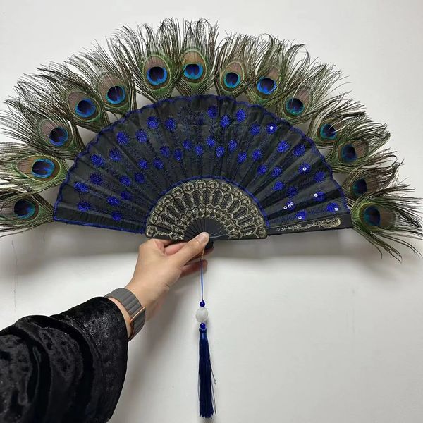 Otro evento Suministros para fiestas Bordado de lentejuelas Pluma de pavo real Abanico plegable Lolita Escenario Rendimiento Danza Mano con colgante Regalo Decoración de boda 231117