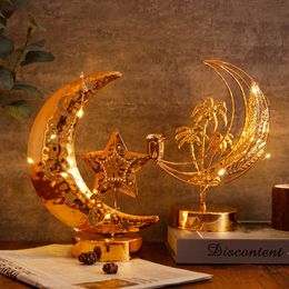 Andere evenementenfeestje Leveringen glanzende metalen Gold Moon Vormlichten Holle Patroon Ramadan Decoraties Lamp met dienblad Moslimfestival Ornamenten Candlestick Eid 230425