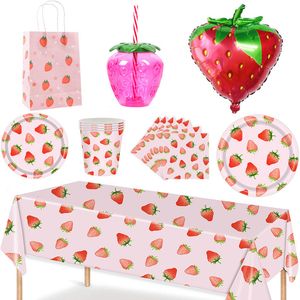 Autres fournitures de fête d'événement Strawberry Paper Plate Serviettes Vaisselle jetable Bonbons Sac Feuille Ballon Mariage Enfant Grils Anniversaire Décor 230808