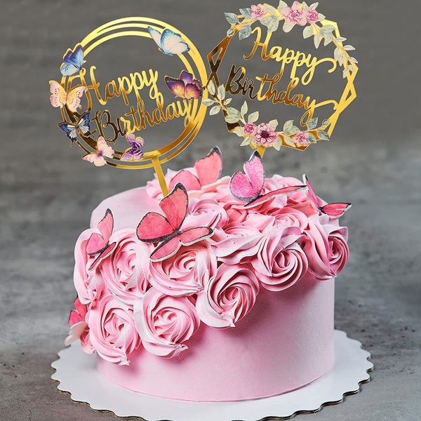 Autres fournitures de fête d'événement décoration de gâteau de style impression couleur joyeux anniversaire carte insérer acrylique fleurs légères anniversaire 230818