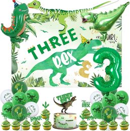 Andere evenementen Feestartikelen Three Rex Boy 3e verjaardagsfeestdecoratie met Three Rex Dinosaur Background Cupcake Cake Toppers Green Dinosaur Foil Balloons 231017