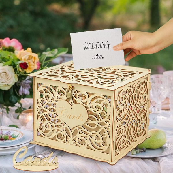 Otros suministros para fiestas de eventos Caja de tarjeta de boda Tarjeta de regalo de sobre Cajas de madera Patrón floral hueco Tarjeta de invitación Caja de bricolaje Suministros de decoración de fiesta de boda 230321