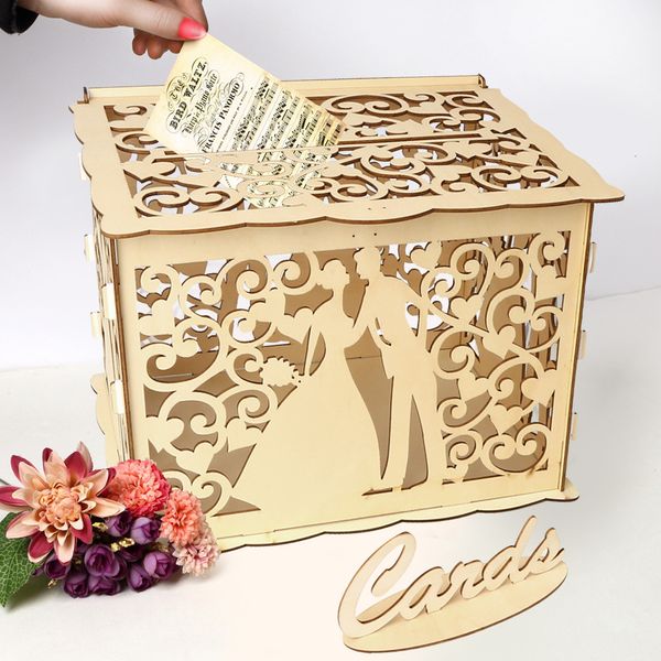 Otros suministros para fiestas de eventos Caja de tarjeta de boda Cajas de madera Suministros de boda DIY Pareja Ciervo Patrón de flor de pájaro con sobre de bloqueo Tarjeta de visita Caja de madera 230515