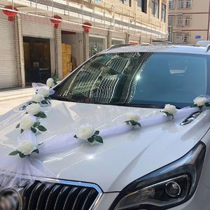 Autres fournitures de fête d'événement Rose blanche fleur artificielle pour la décoration de voiture de mariage décorations de voiture de mariée poignée de porte rubans fleur de soie 230625