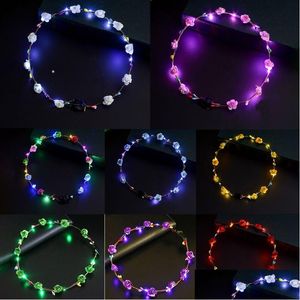 Otros suministros para la fiesta de eventos Mujeres Luces LED LID UP Diadema de flores Fláneo Glow Corona Coraña Cabello Banda para el cabello Luminoso Garlands Dro Dhoy4