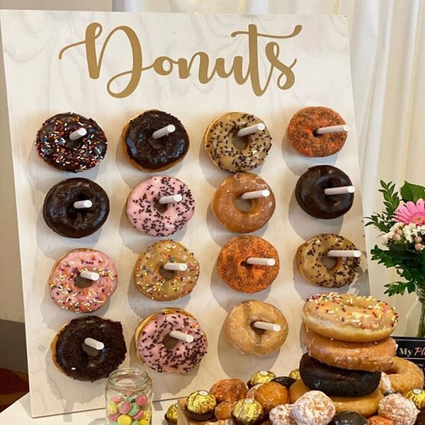 Otros suministros para fiestas de eventos Donut de madera soporte de donut montado en la pared para bodas baby showers fiestas de cumpleaños decoraciones de mesas de postres soportes de barra de caramelo