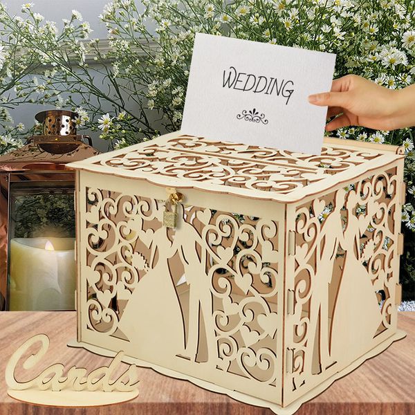 Otros suministros para fiestas de eventos Regalos de boda de madera Cajas de tarjetas con cerradura Sr. Sra. Pareja Patrón de flores Tarjetas de muestra Caja de madera DIY Rústico 230406