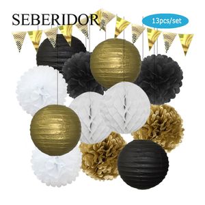 Autres fournitures de fête d'événement année faveur or noir ensemble rond lanterne en papier boule pliante bannière en nid d'abeille pour bébé baptême obtention du diplôme décor de mariage 230701