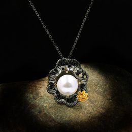 Autre fleur exquise perle d'eau douce pendentif collier sauvage noir or 925 argent dames bijoux pull chaîne banquet bijouxAutre