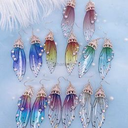 Andere Fairy Rainbow Dracient Resin Butterfly Wing Drop oorbellen voor vrouwen Rhinestone Glitter Simulation Insect Dange oorbellen Sieraden 240419